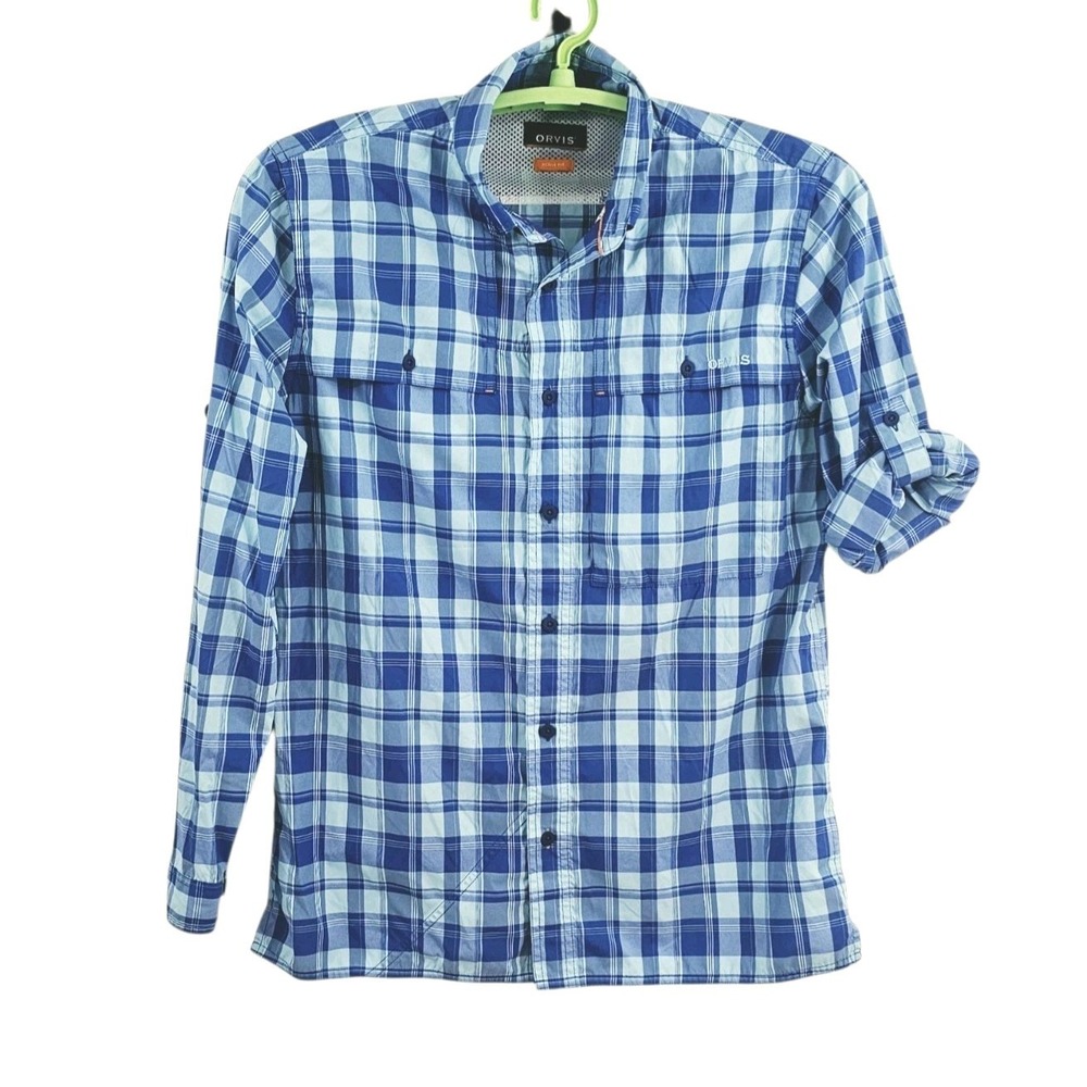 Orvis Active Fit Shirt Mens Medium Blue Plaid Fishing Roll Tab Sleeves Button Up